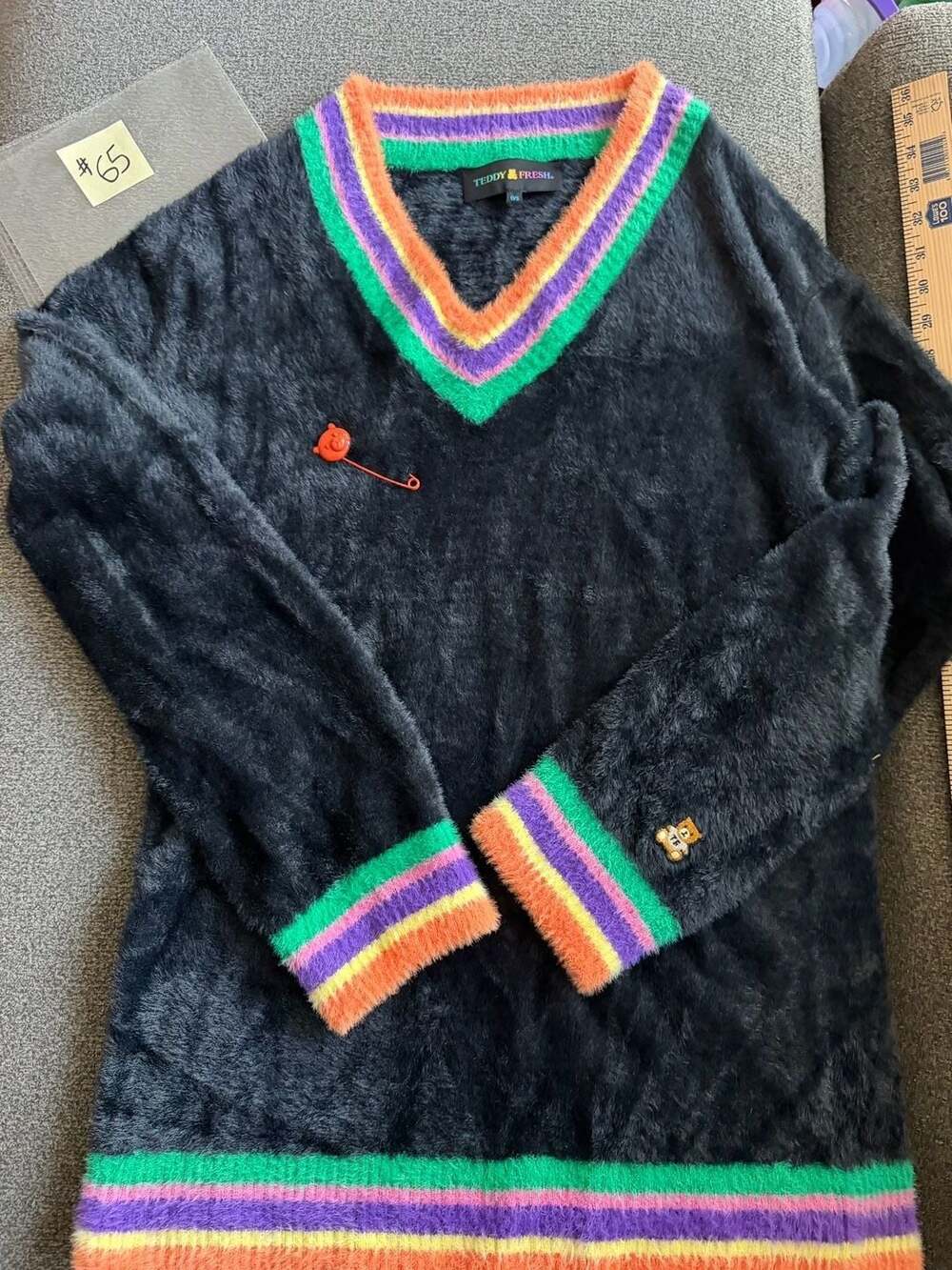 Teddy Fresh Fuzzy Mohair-Blend V-Neck Sweater with Striped Trim and Safety Pin